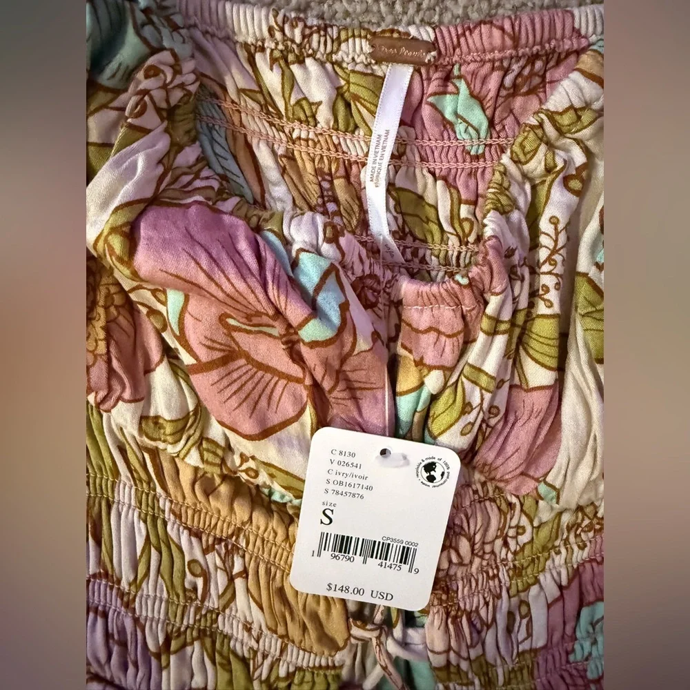 Free People Rolling Hills Jumpsuit Ivory Floral Boho Wide Leg Smocked NWT Size S